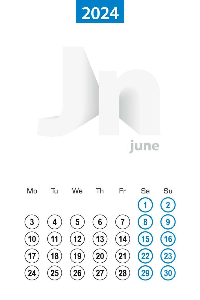 Calendar for June 2024, blue circle design. English language, week starts on Monday. vector