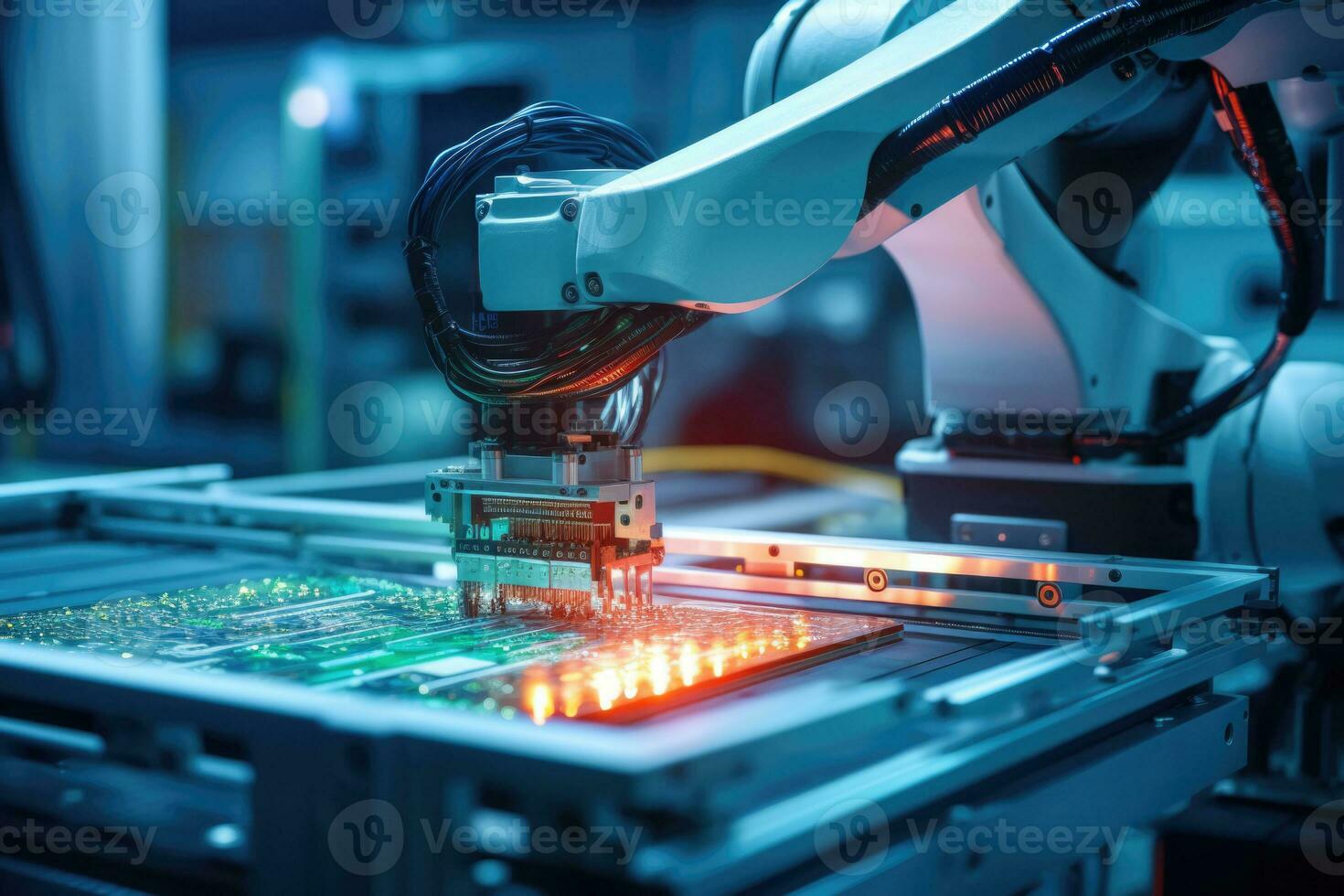 Automatic assembly line for electronics production. Generative AI photo