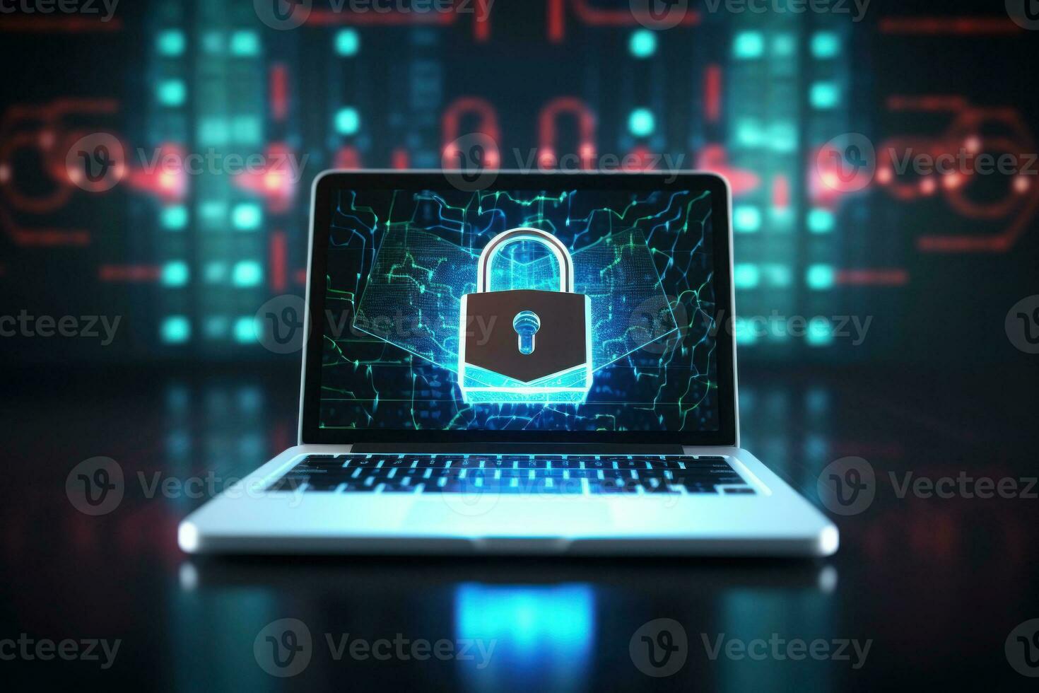 Laptop with digital padlock on screen. Generative AI photo