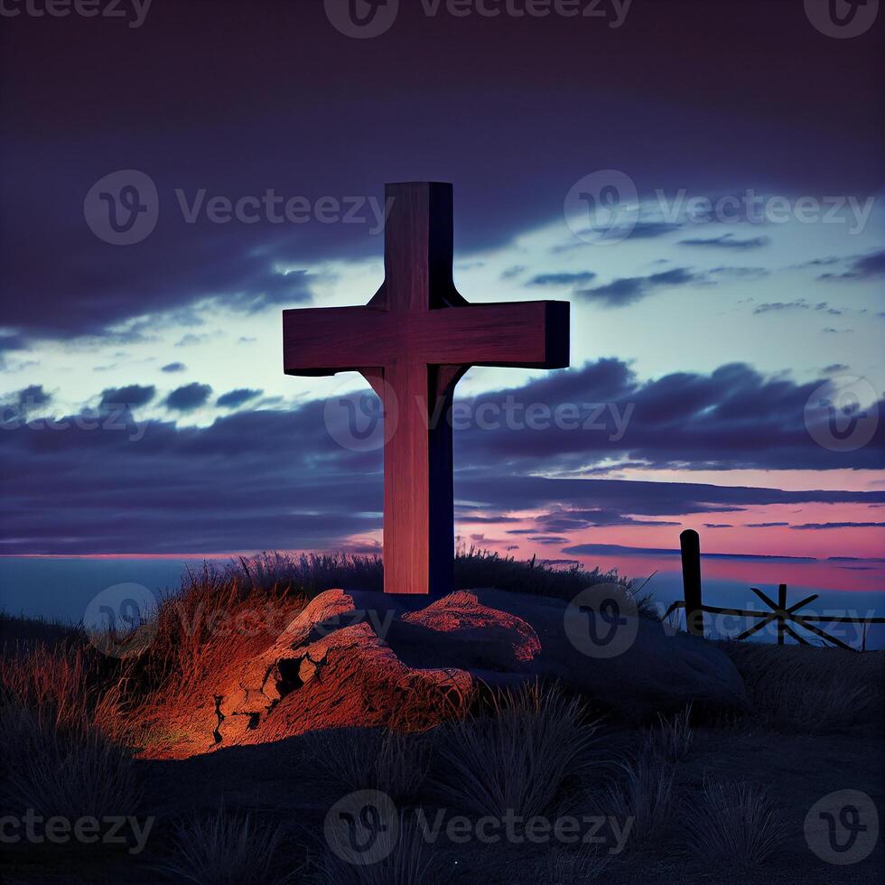 Cross silhouette symbolizes Christianity in tranquil landscape generated by AI photo