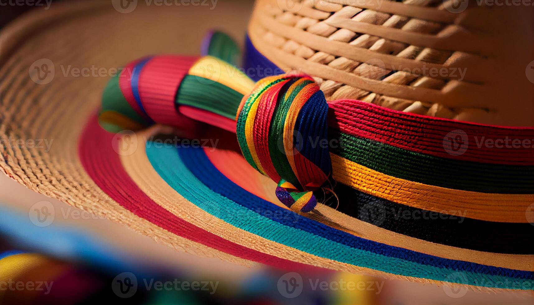 Multi colored traditional Mexican sombrero on yellow rug generated by AI photo