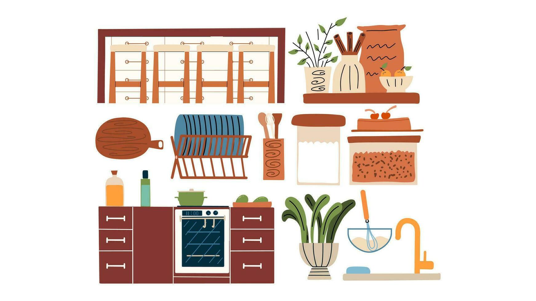 cocina colocar. cocina utensilios, platos, hundir, frascos, horno, pastel, y más. mano dibujar ilustración vector