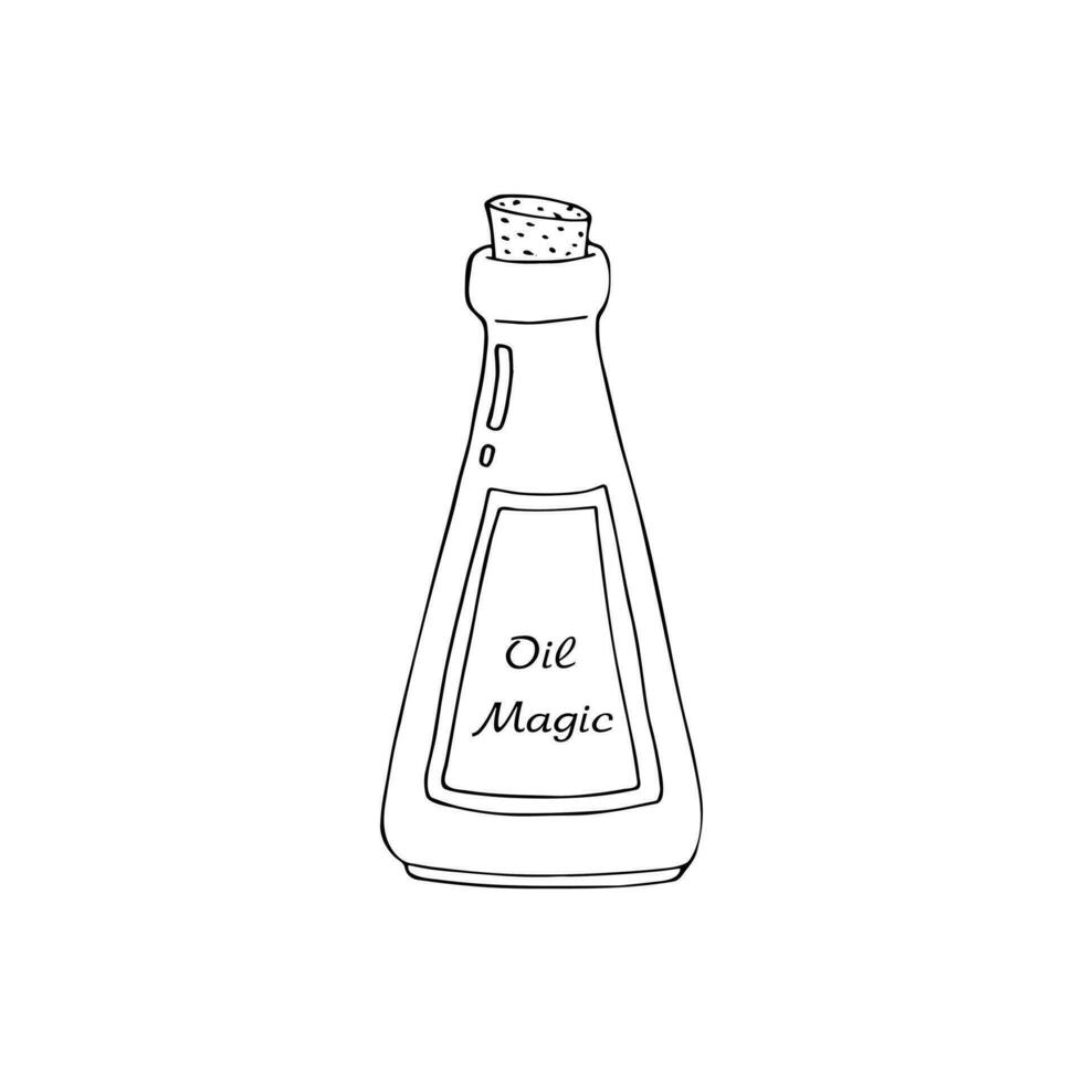 Magic oil for witchcraft. Witchcraft glass bottle with magic oil, magic potion drink. Magic elixir vial for Halloween spooky alchemy. vector