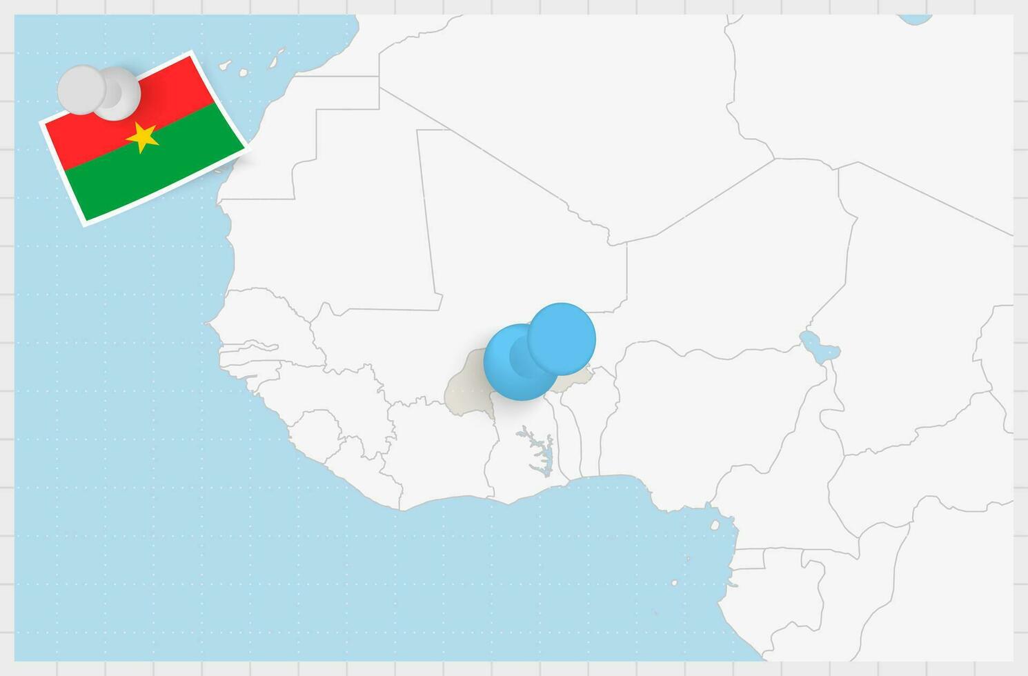 mapa de burkina faso con un clavado azul alfiler. clavado bandera de burkina Faso. vector