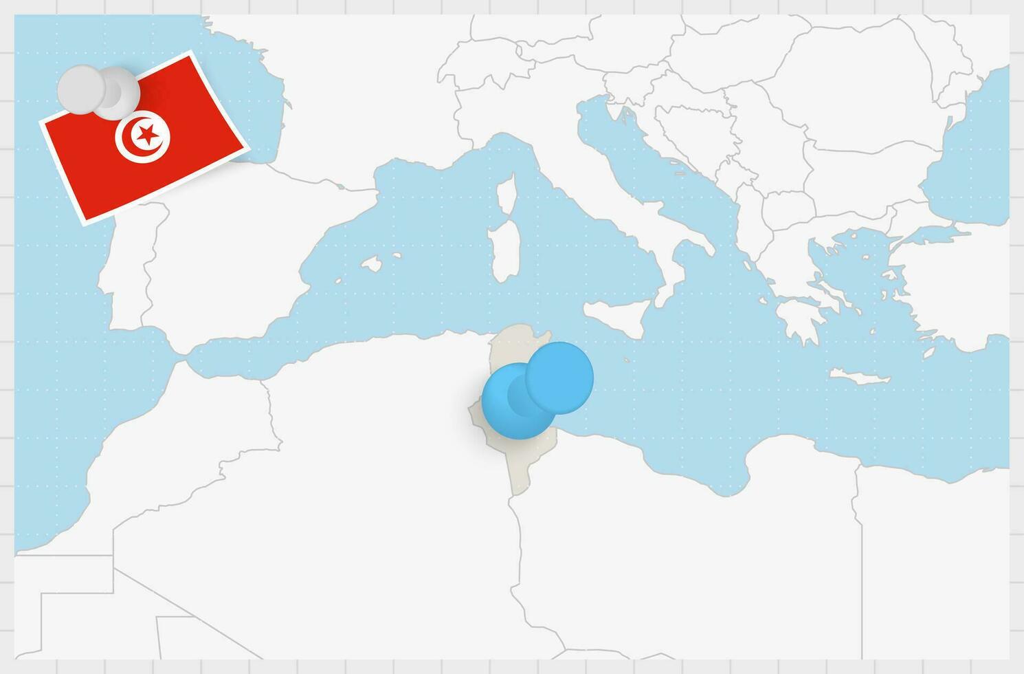 Map of Tunisia with a pinned blue pin. Pinned flag of Tunisia. vector