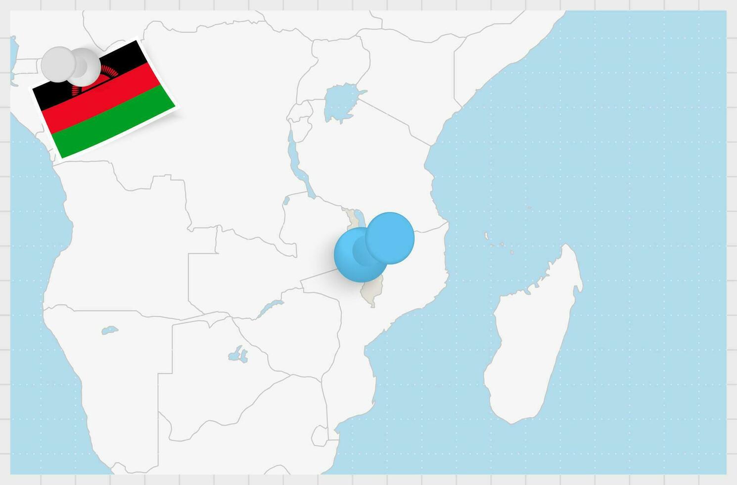 mapa de malawi con un clavado azul alfiler. clavado bandera de malaui vector