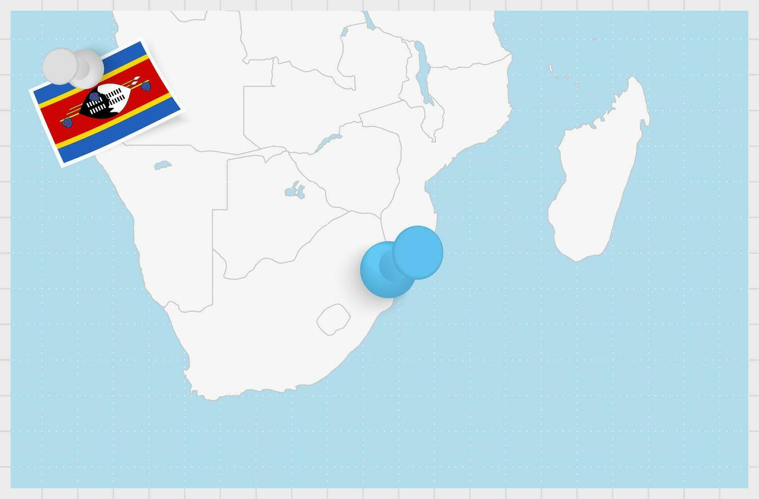 mapa de Swazilandia con un clavado azul alfiler. clavado bandera de swazilandia vector