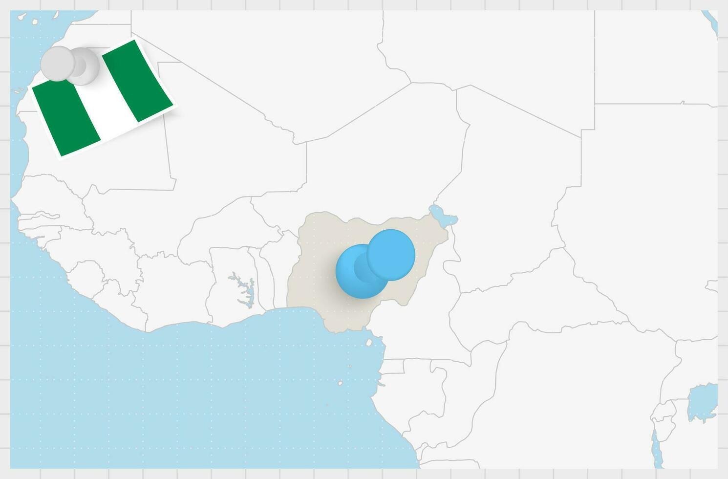 mapa de Nigeria con un clavado azul alfiler. clavado bandera de Nigeria. vector