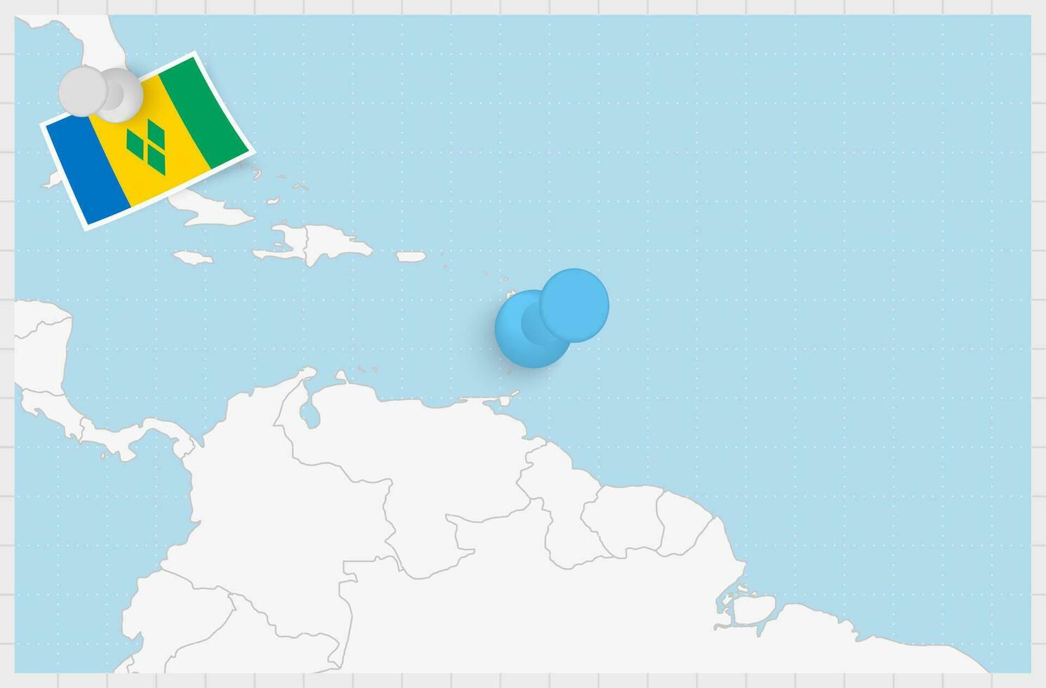 Map of Saint Vincent and the Grenadines with a pinned blue pin. Pinned flag of Saint Vincent and the Grenadines. vector