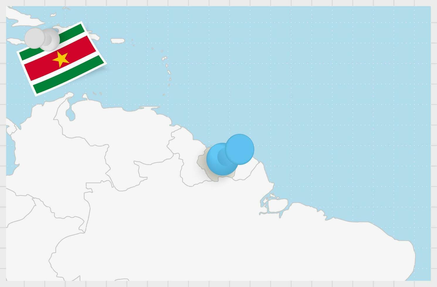 mapa de Surinam con un clavado azul alfiler. clavado bandera de surinam vector