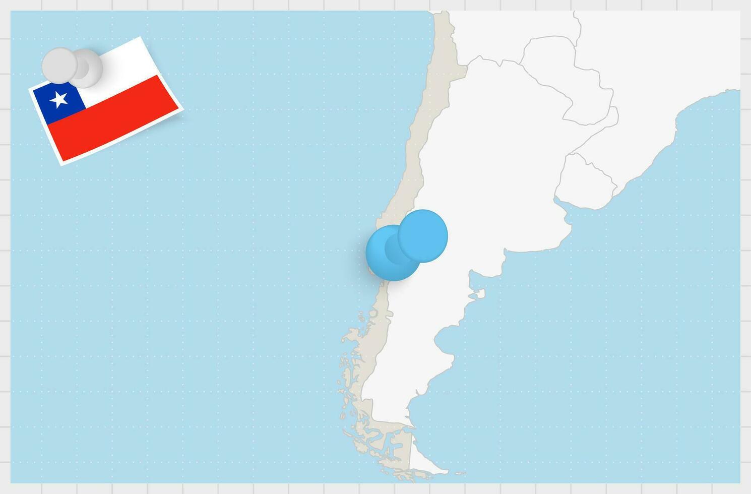 Map of Chile with a pinned blue pin. Pinned flag of Chile. vector
