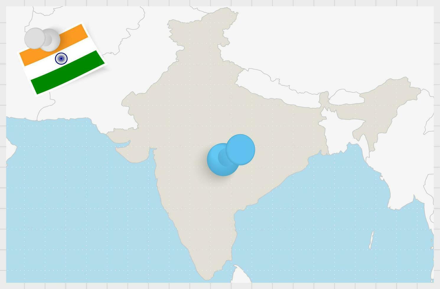 Map of India with a pinned blue pin. Pinned flag of India. vector