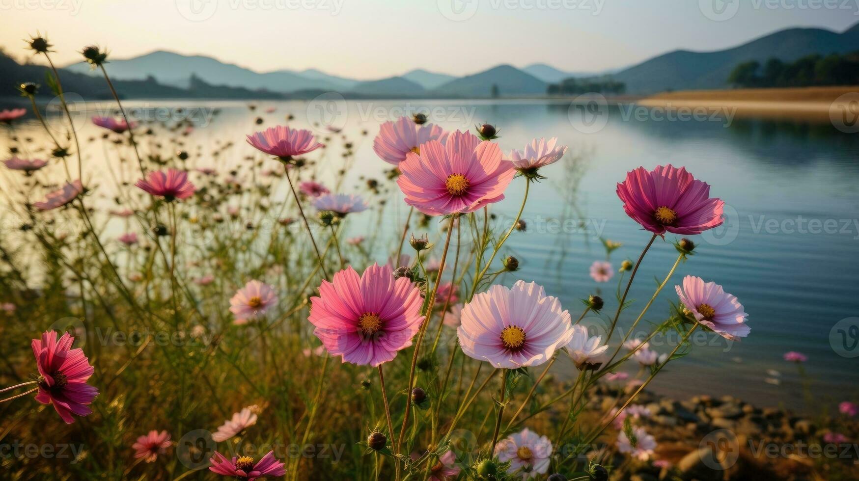 A beautiful summer field of pink cosmos flowers by the lake, natural sunlight, and a bright summer sky background. Generative AI photo