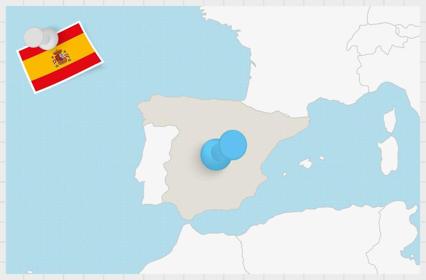 Map of Spain with a pinned blue pin. Pinned flag of Spain. vector