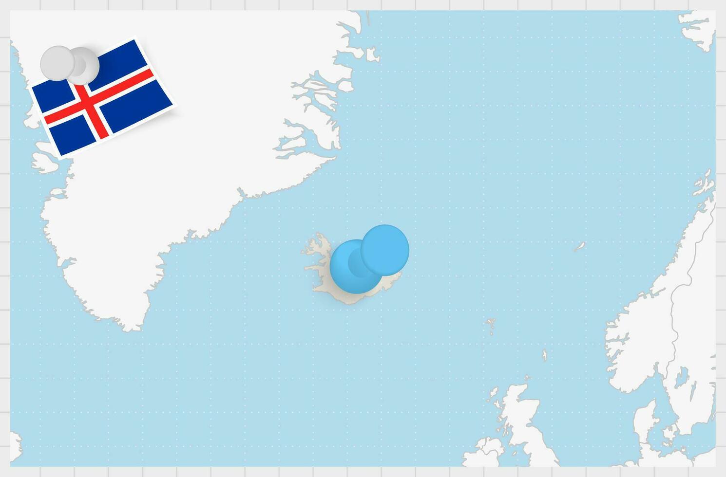 Map of Iceland with a pinned blue pin. Pinned flag of Iceland. vector