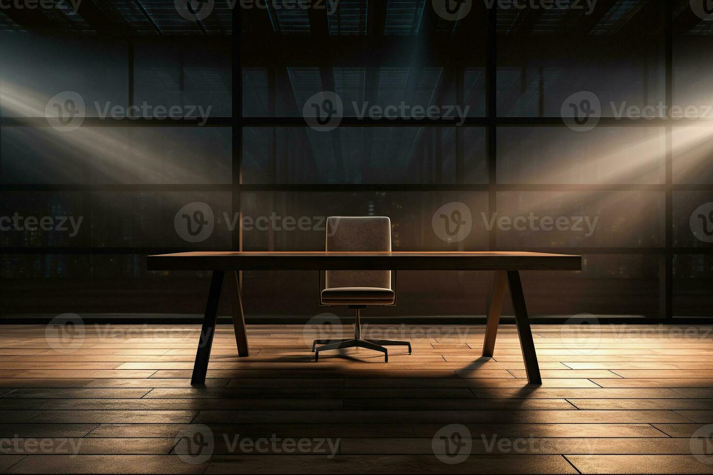 Wooden desk with chair in an empty room. Beautiful shadow on the wall. Remote work concept. Generated by artificial intelligence photo