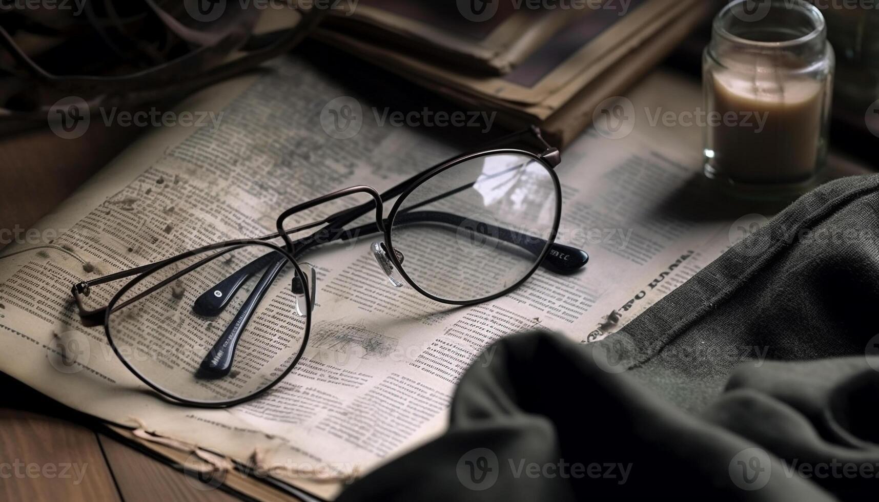 Reading glasses on an old Bible page generated by AI photo