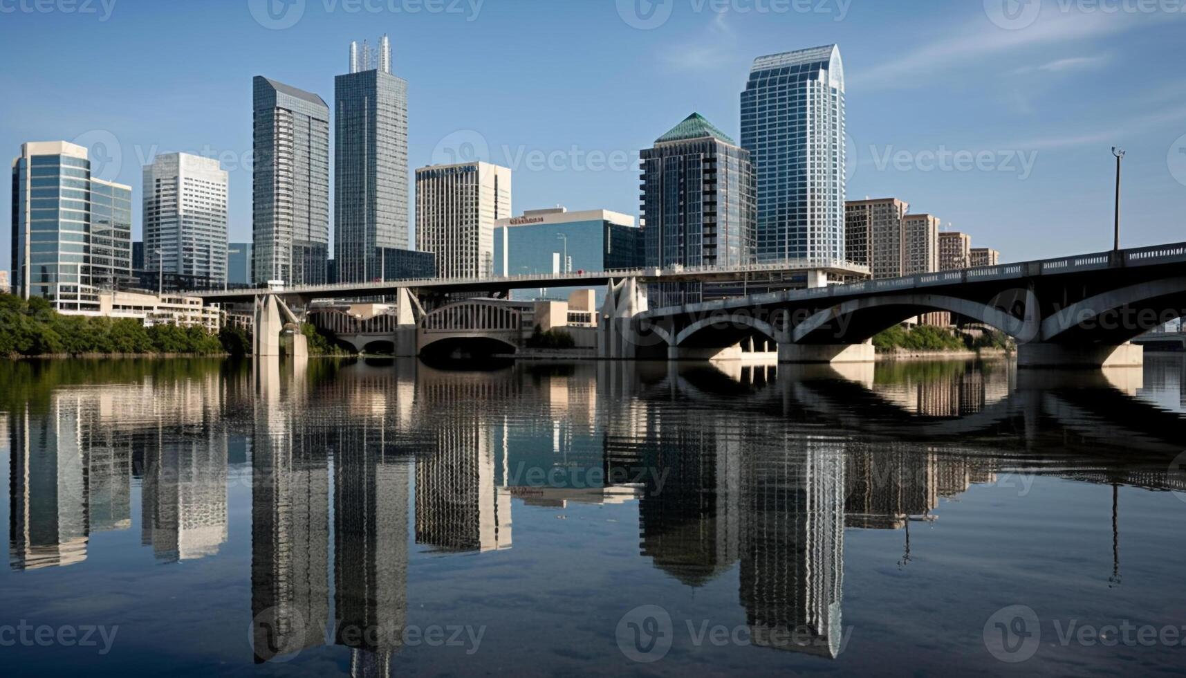 Modern skyscrapers reflect in Calgary waterfront at dusk generated by AI photo