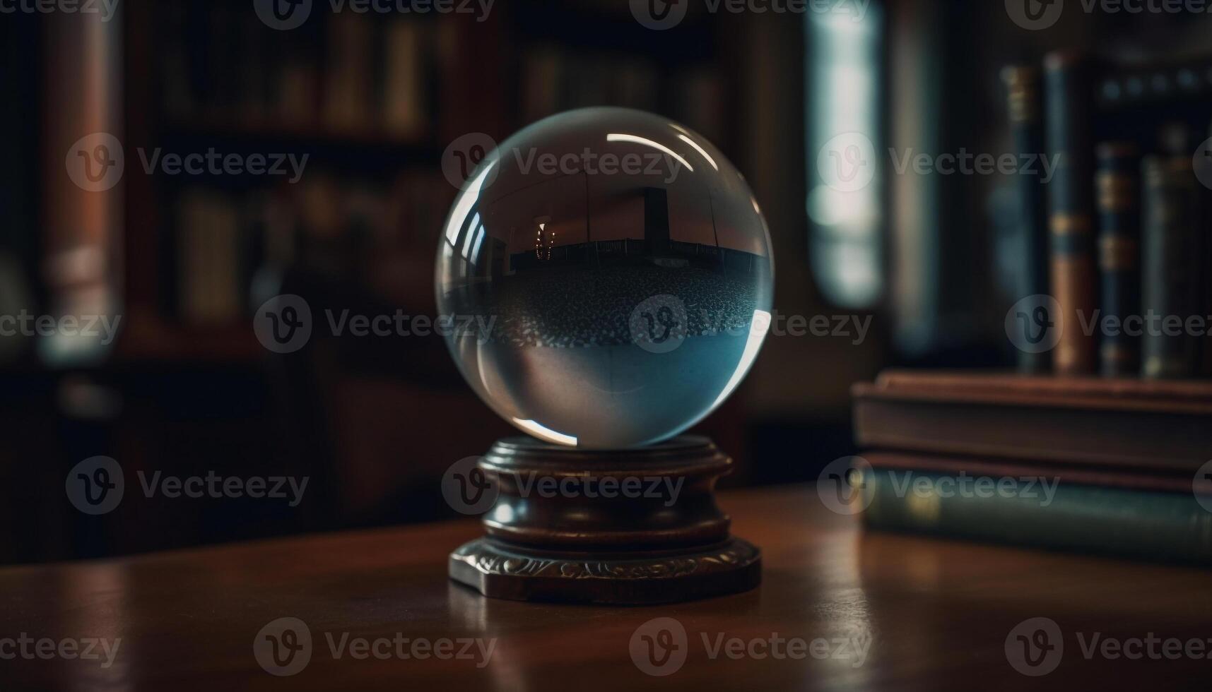 Crystal sphere reflects world map, forecasting success generated by AI photo