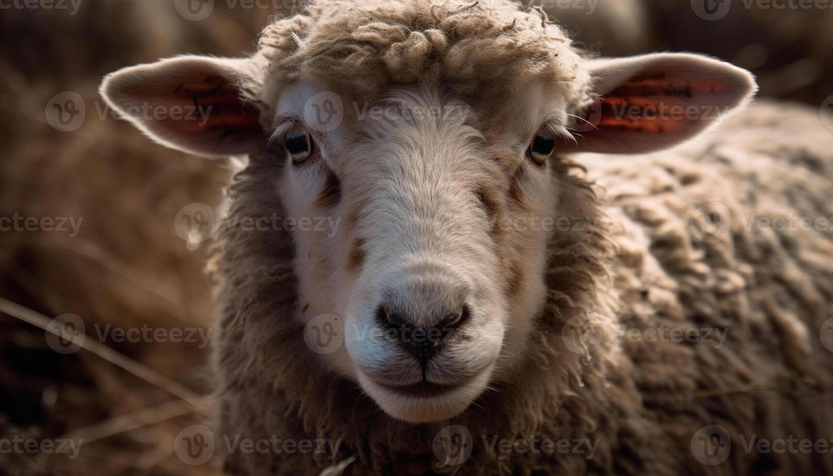 Cute woolly lamb grazing in green meadow generated by AI photo