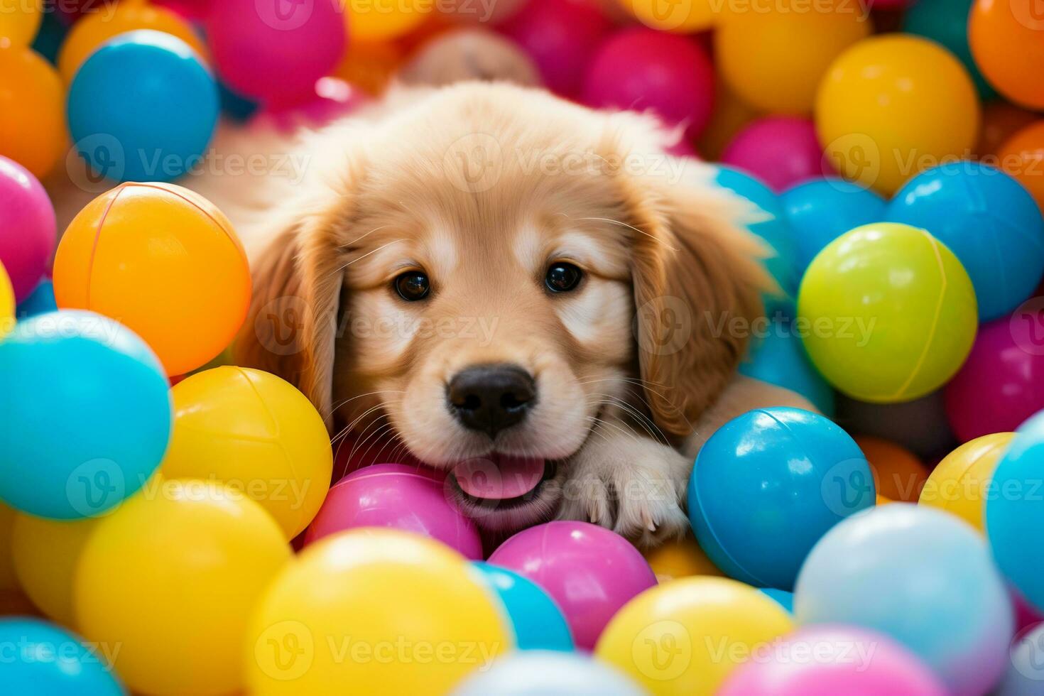 a golden retriever puppy peacefully sleeping soundly in a colorful ball pit. AI Generative photo