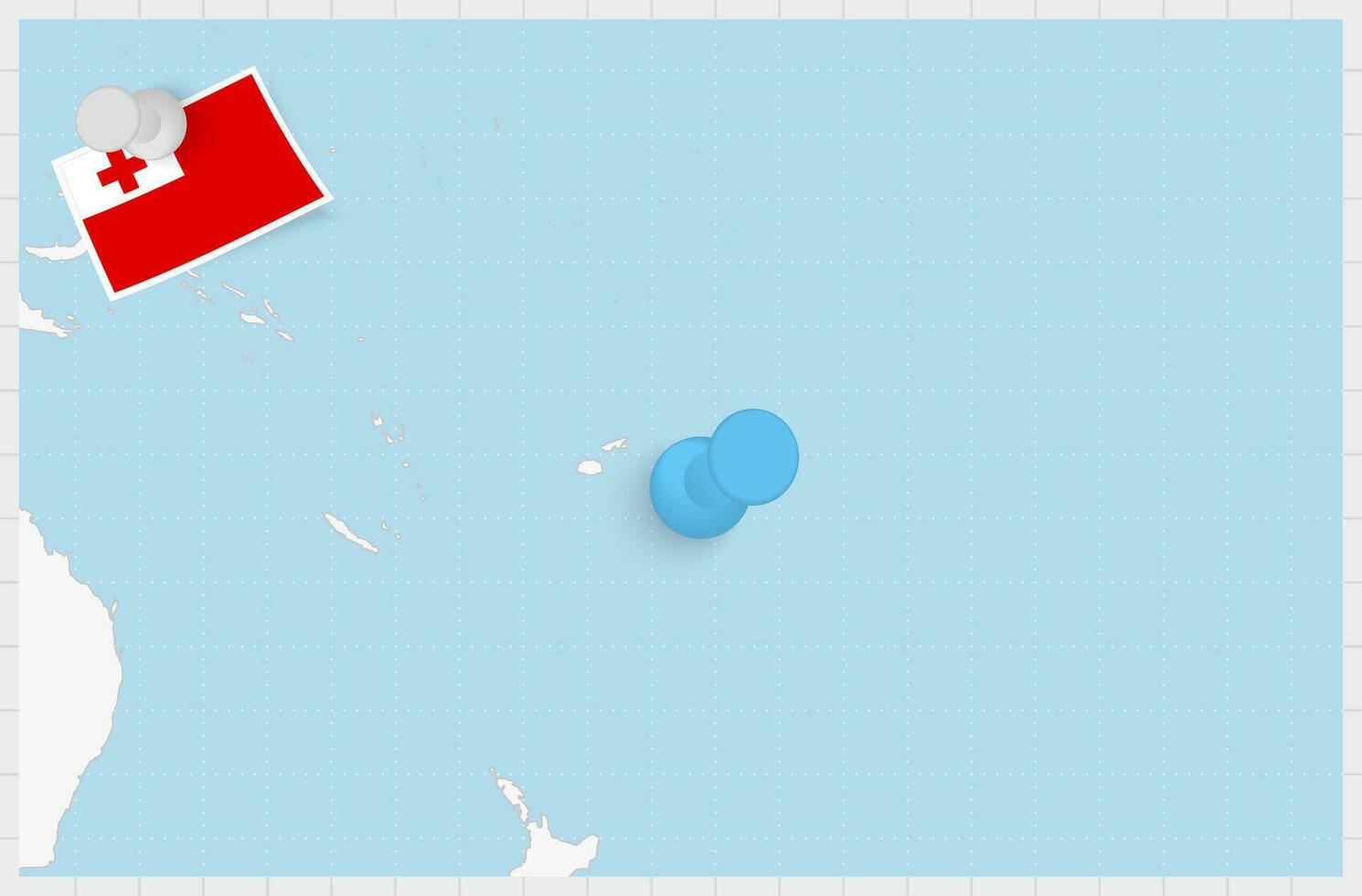 mapa de tonga con un clavado azul alfiler. clavado bandera de tonga vector
