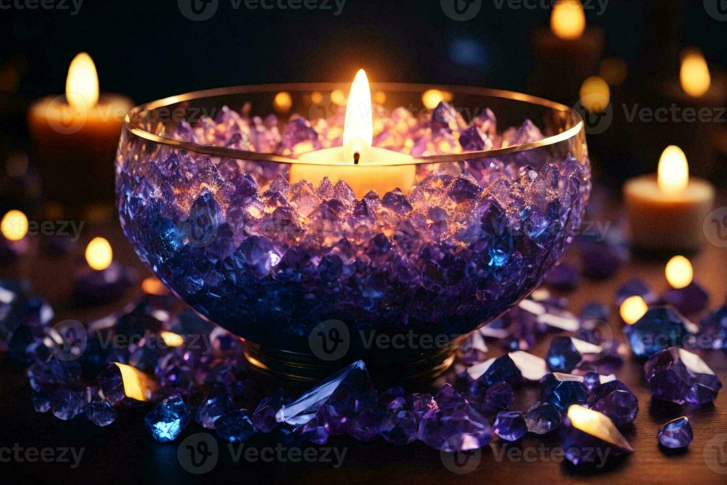 a lit candle in a decorative metal bowl. AI Generative photo