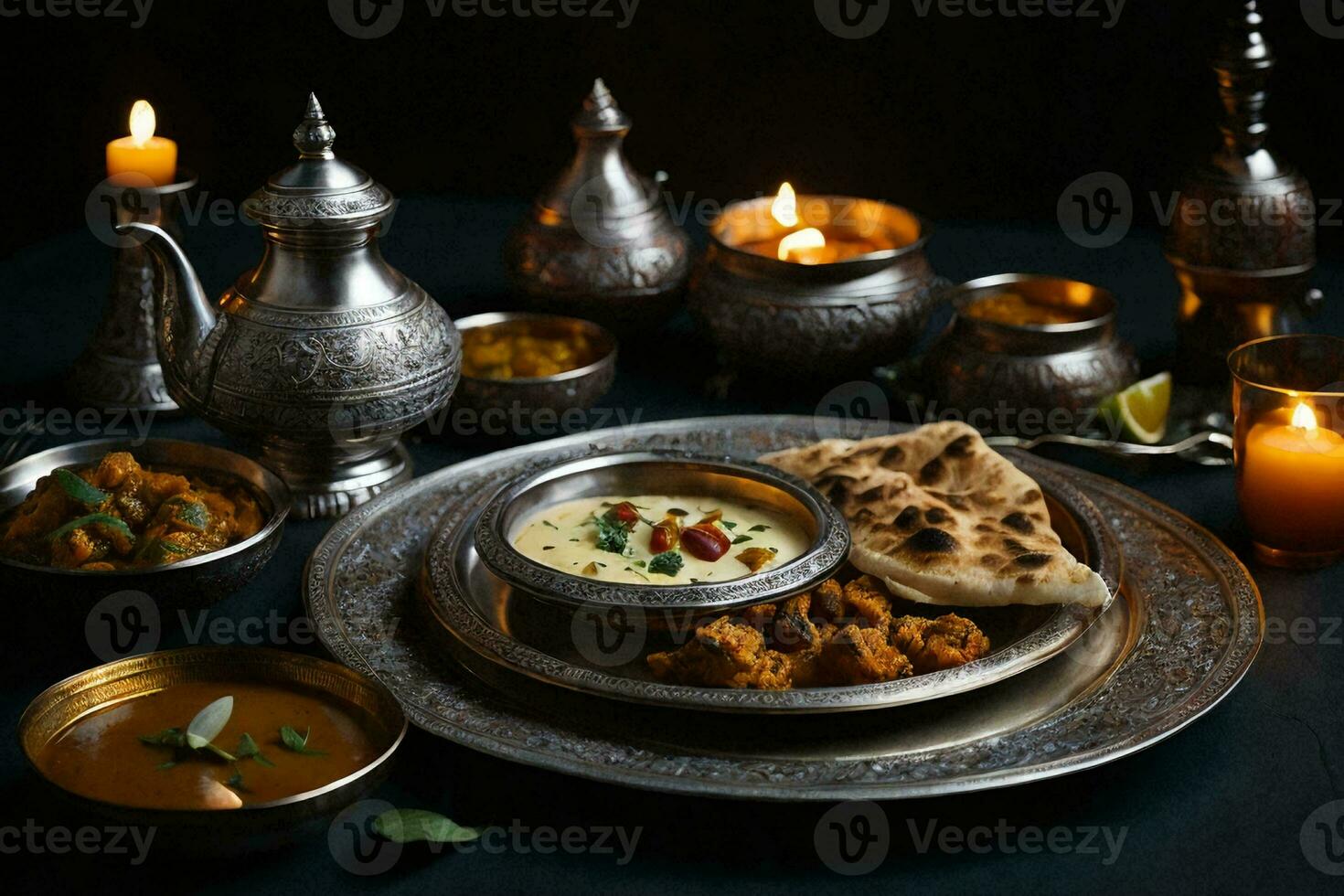 a table setting with Indian food and a lantern. AI Generative photo