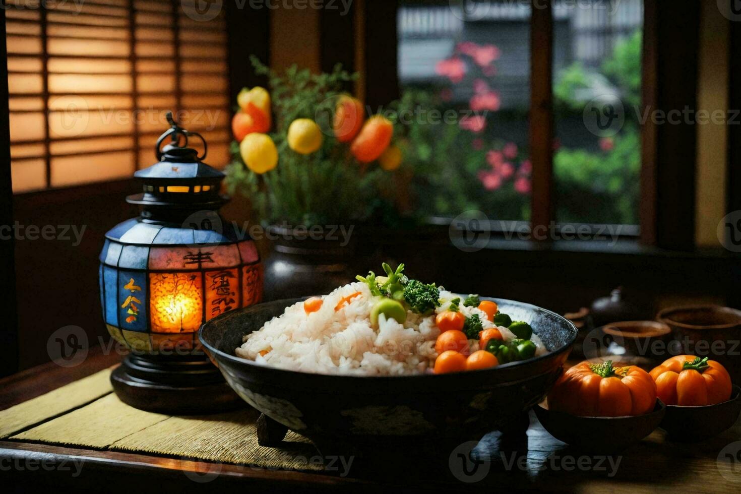 un mesa ajuste con indio comida y un linterna. ai generativo foto