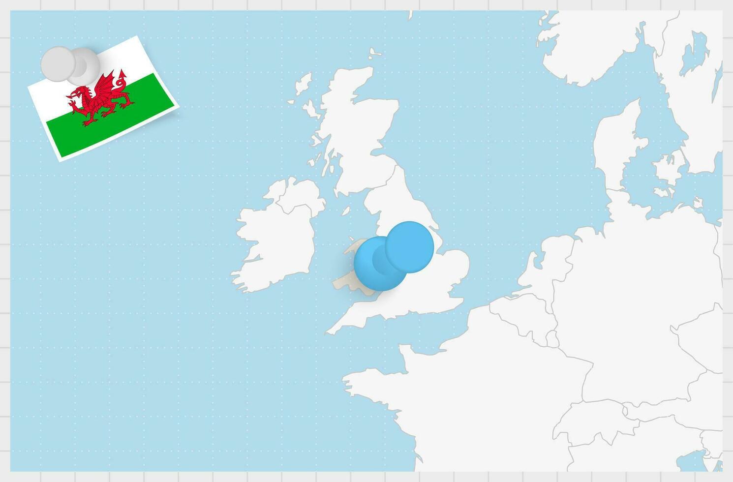 Map of Wales with a pinned blue pin. Pinned flag of Wales. vector