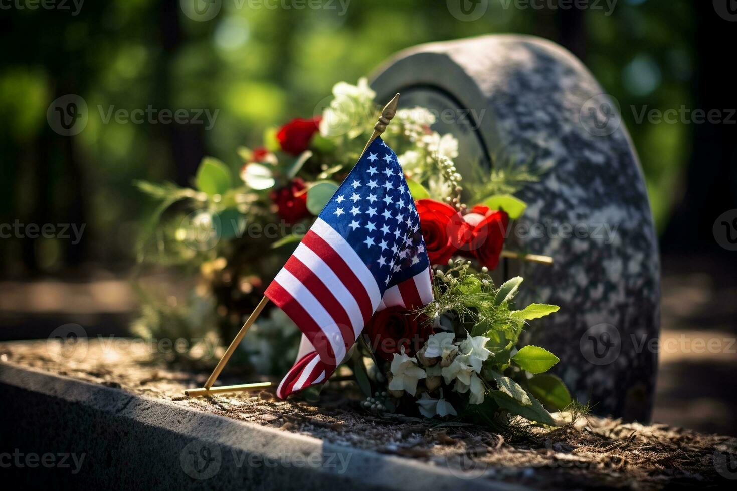 Closeup of an American flag in a row. Memorial day, Independence day, Veterans day concept. AI Generative photo