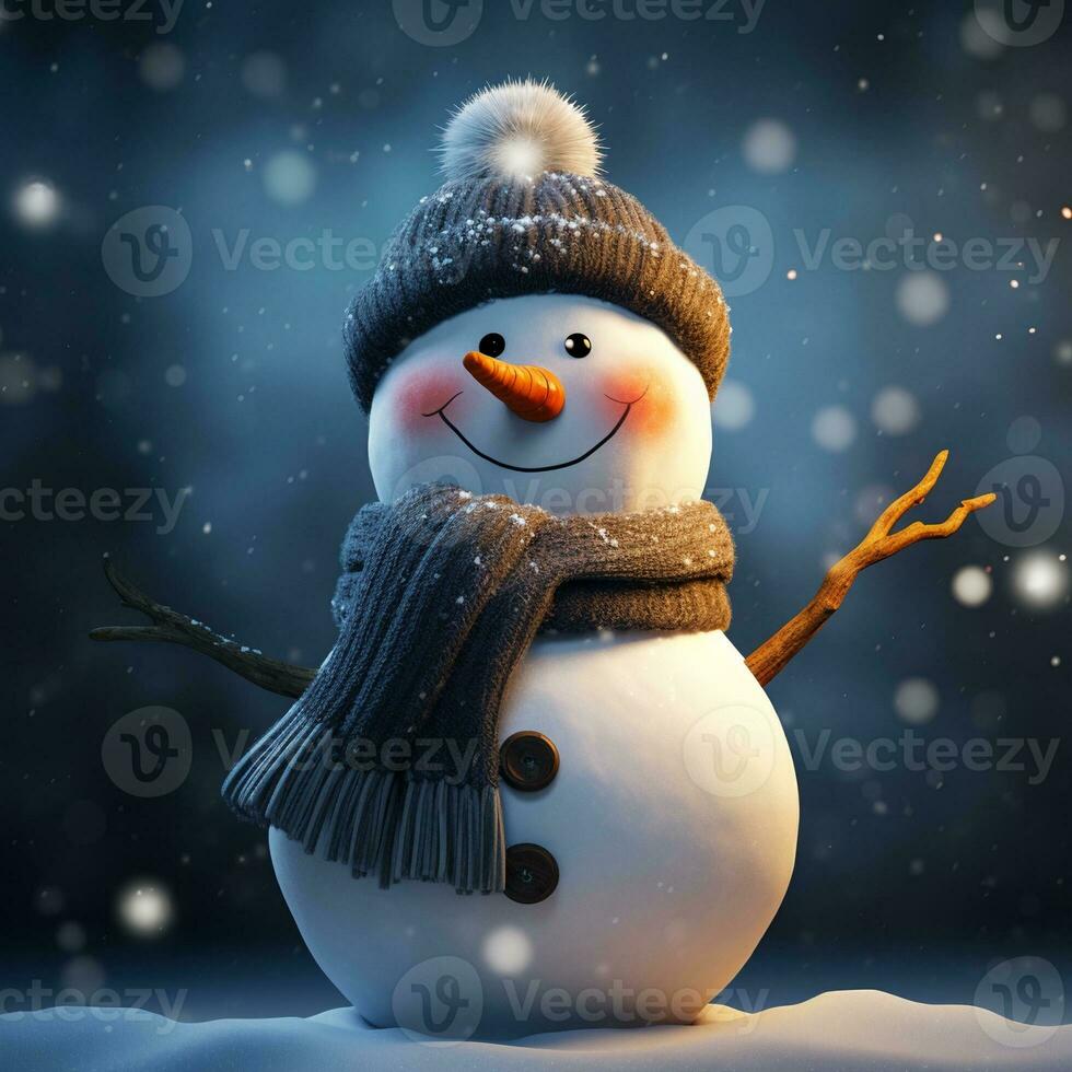 snowman blue background brown beanie brown scarf carrot nose. AI Generative photo