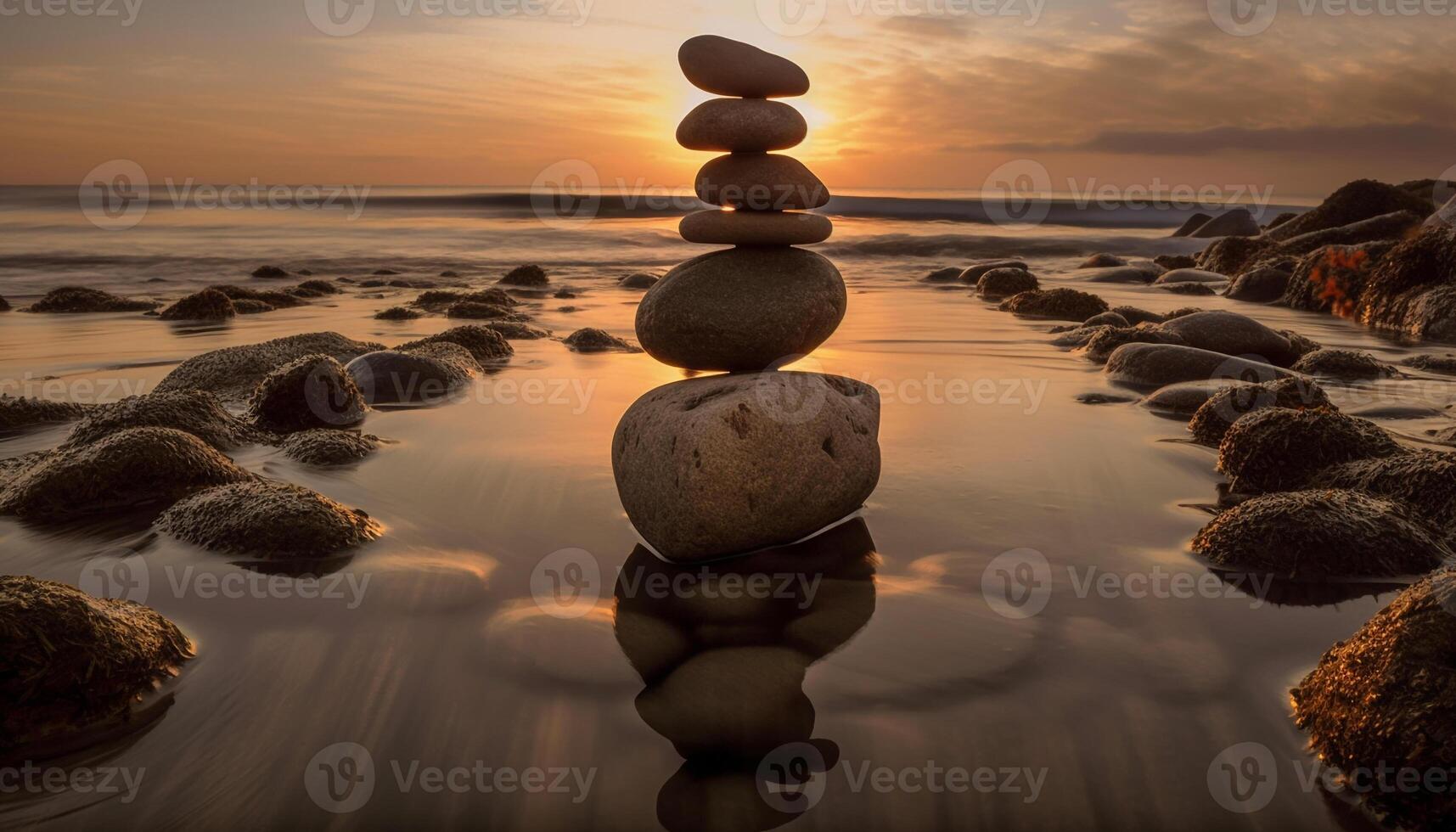 Tranquil scene of stacked pebble cairn reflects spirituality generated by AI photo