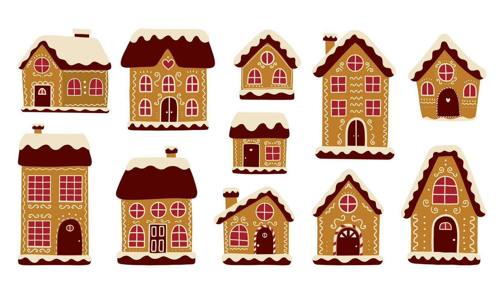 Christmas gingerbread houses. Homemade winter cookies with sweet glaze. Christmas ginger bread decorated with sugar icing. Flat vector illustration on white background