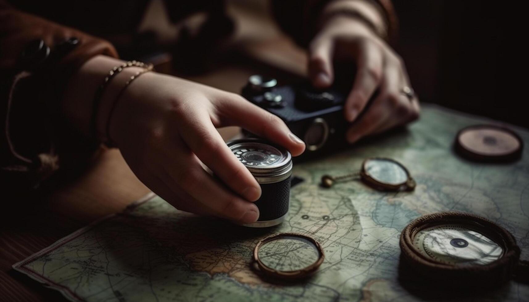 Young adult photographer exploring with magnifying glass generated by AI photo