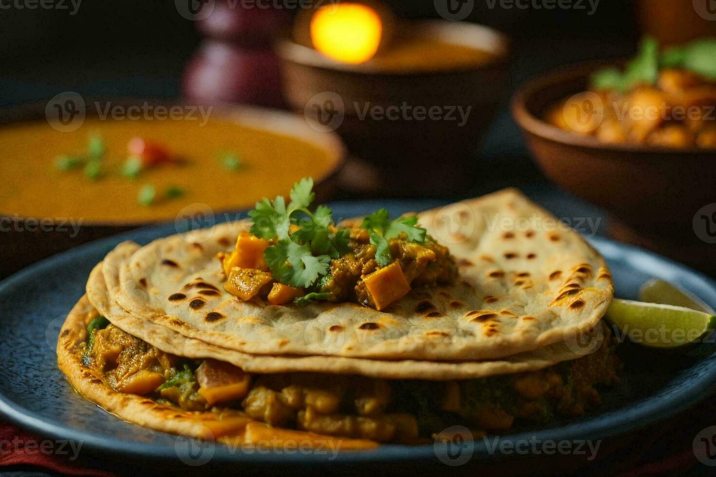 closeup shot of paratha with vegetable curry, freshly cooked. AI Generative photo