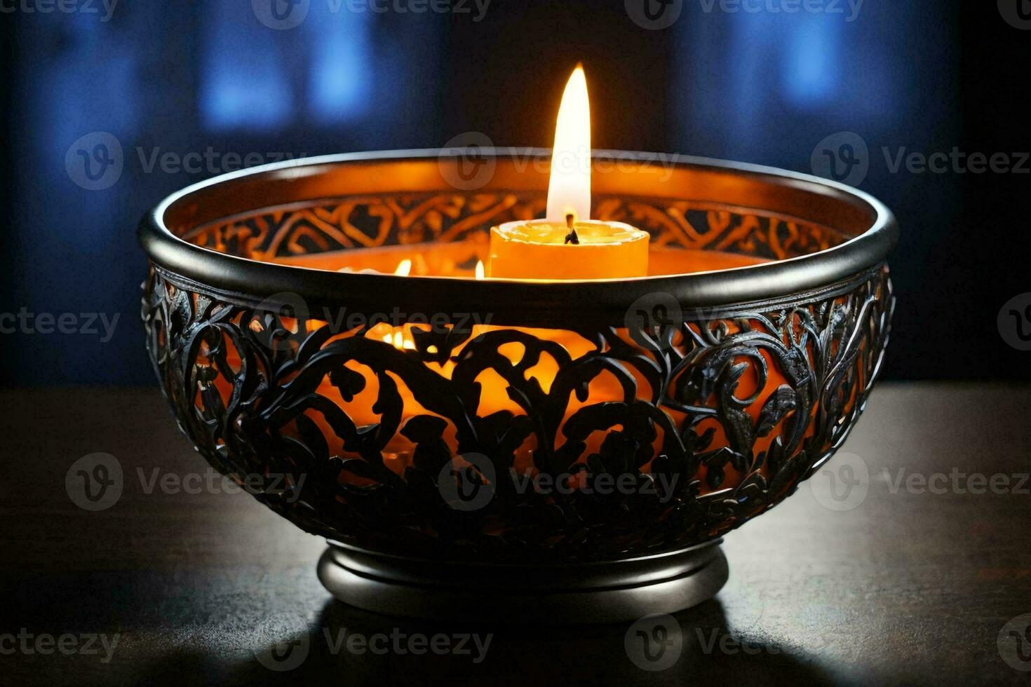 a lit candle in a decorative metal bowl. AI Generative photo