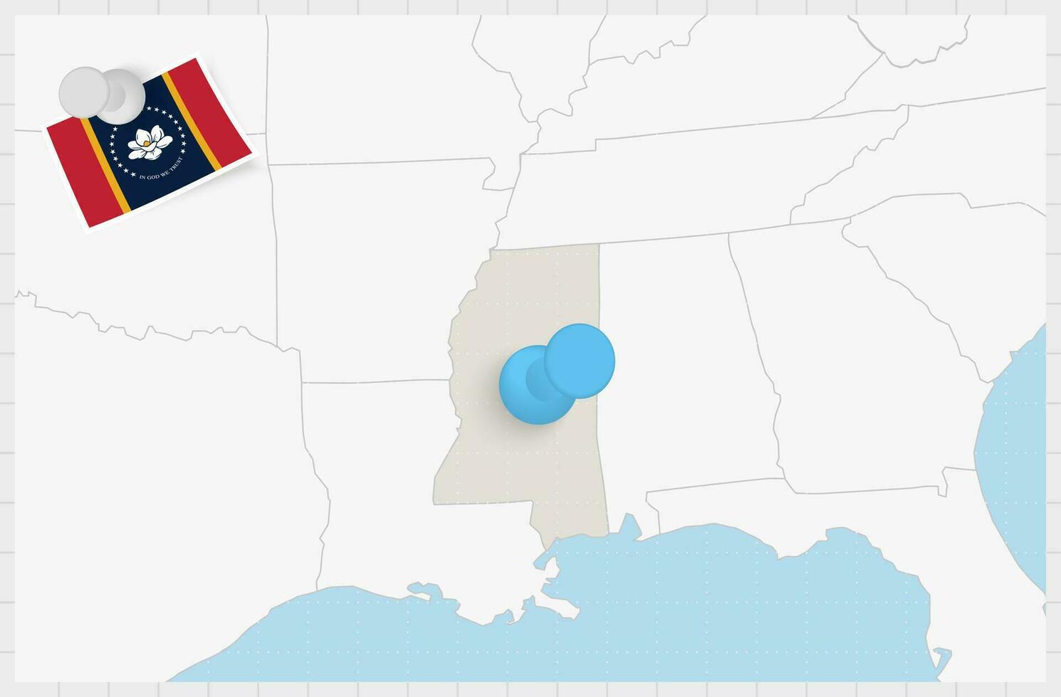 Map of Mississippi with a pinned blue pin. Pinned flag of Mississippi. vector
