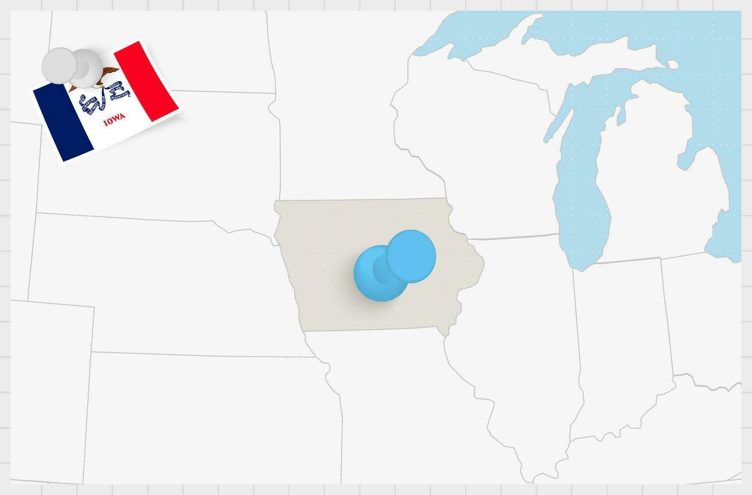 Map of Iowa with a pinned blue pin. Pinned flag of Iowa. vector