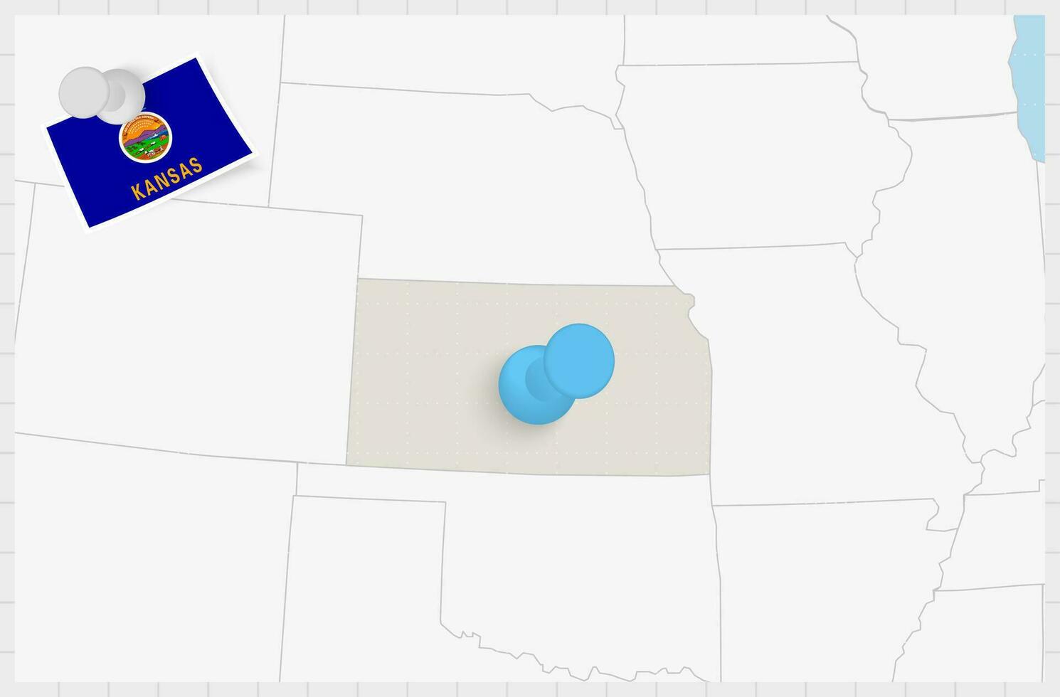 mapa de Kansas con un clavado azul alfiler. clavado bandera de Kansas. vector