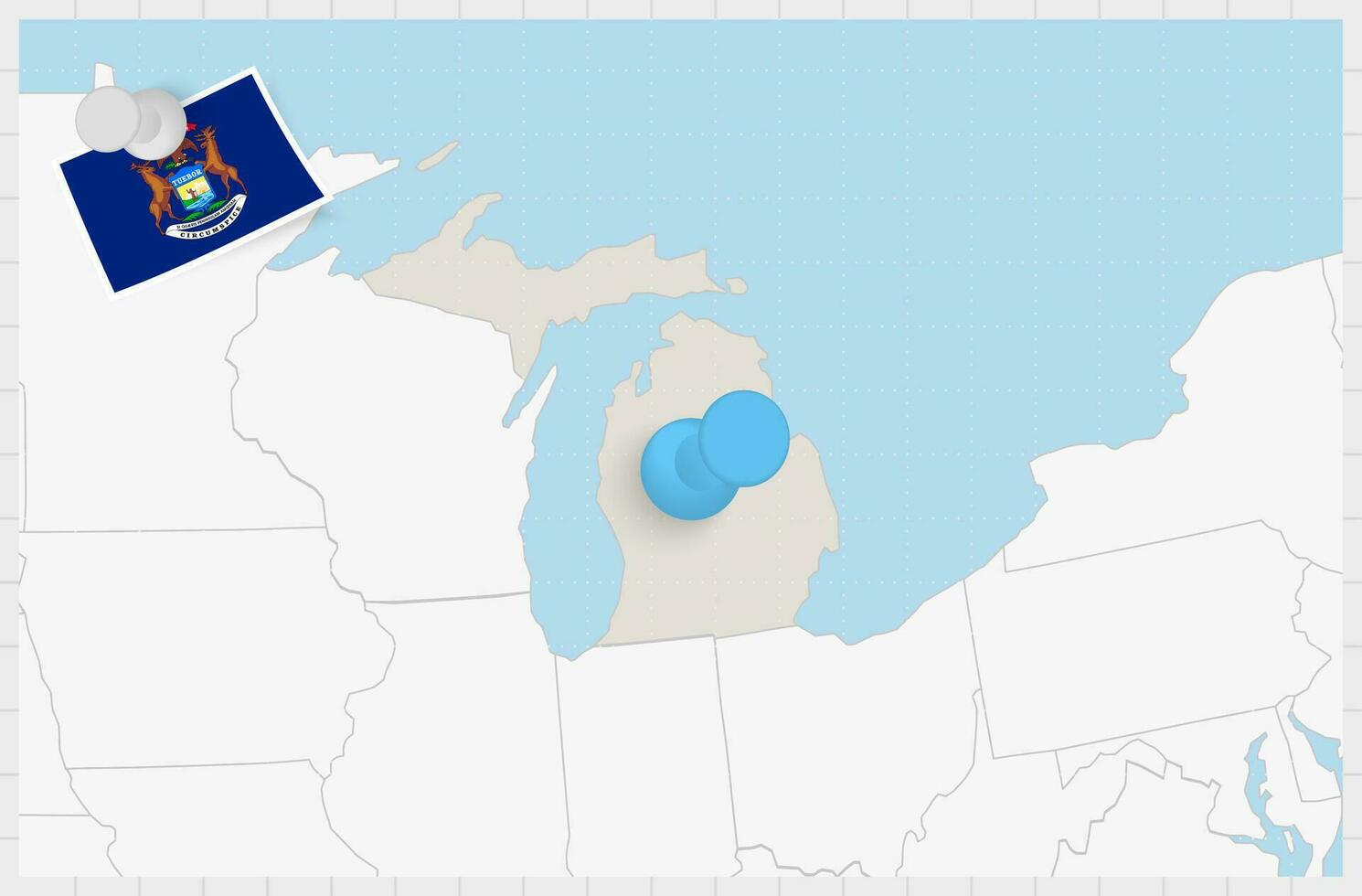 mapa de Michigan con un clavado azul alfiler. clavado bandera de Michigan. vector