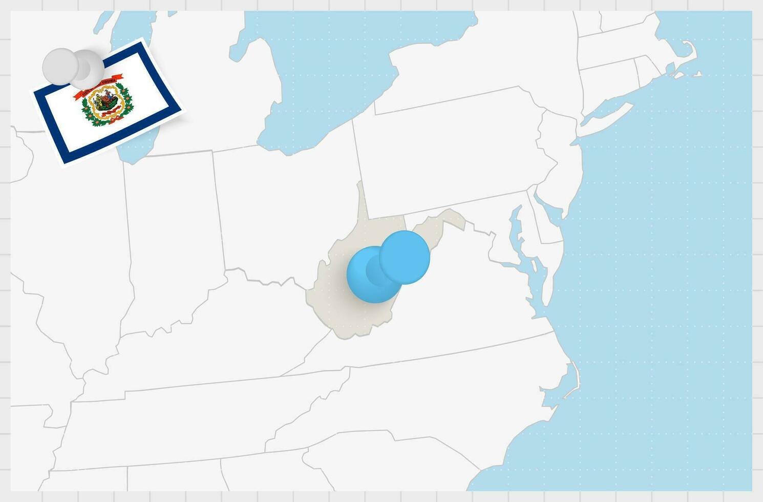 Map of West Virginia with a pinned blue pin. Pinned flag of West Virginia. vector
