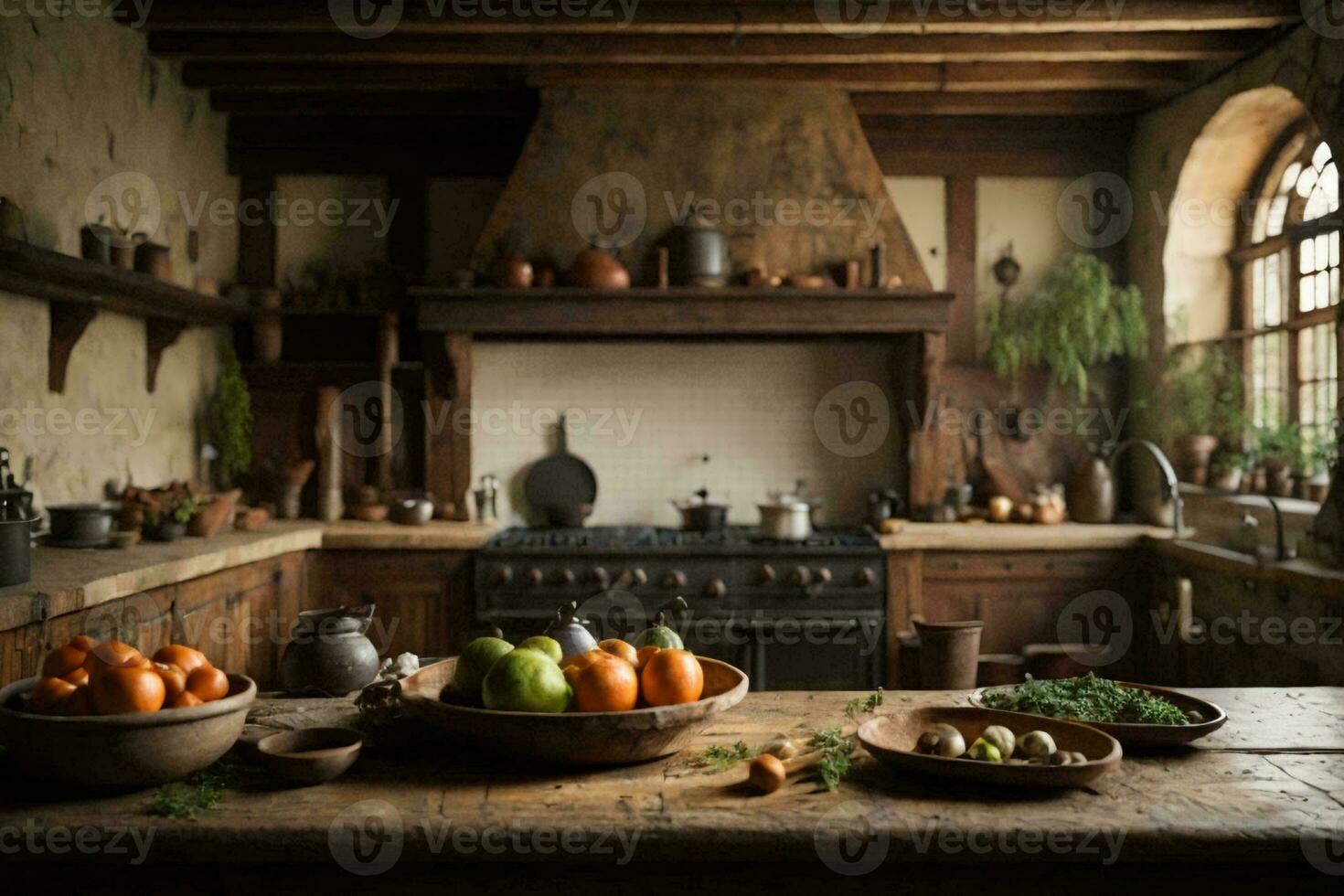 Tudor and medieval style cooking room. AI Generative photo