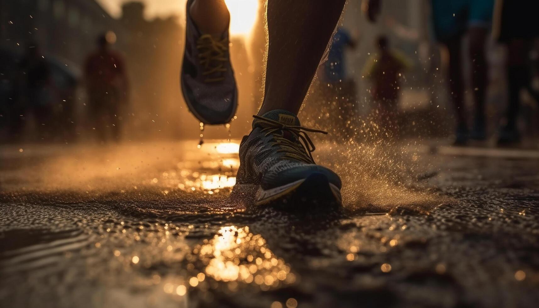 Muscular athlete running on wet sand outdoors generated by AI photo