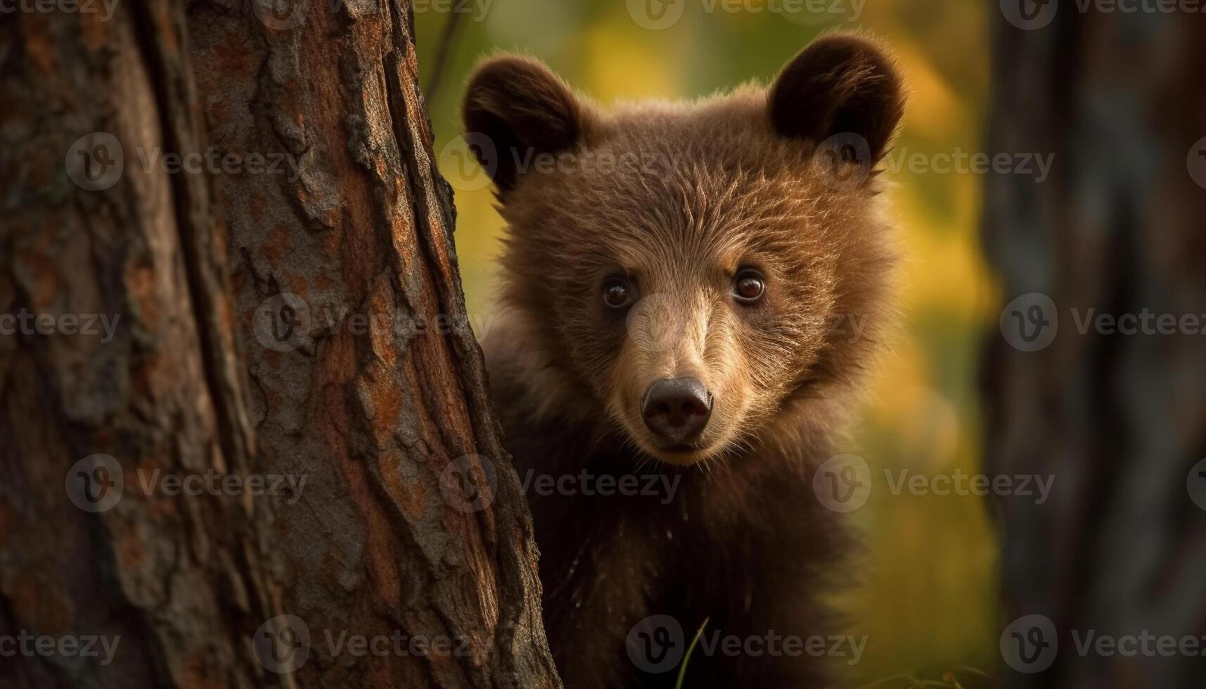 Cute panda looking at camera in forest generated by AI photo