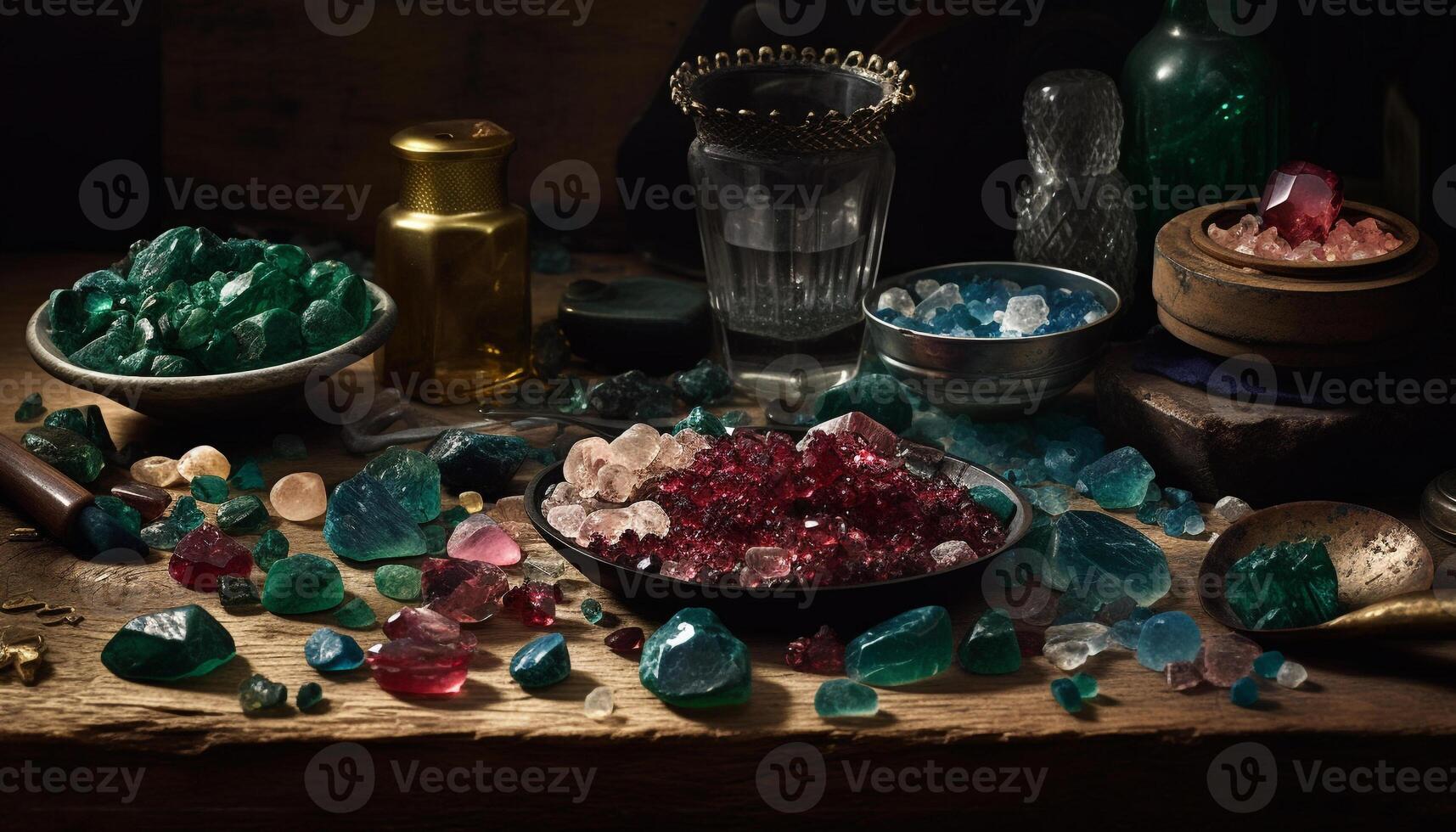 Multi colored gemstones in a wooden bowl generated by AI photo