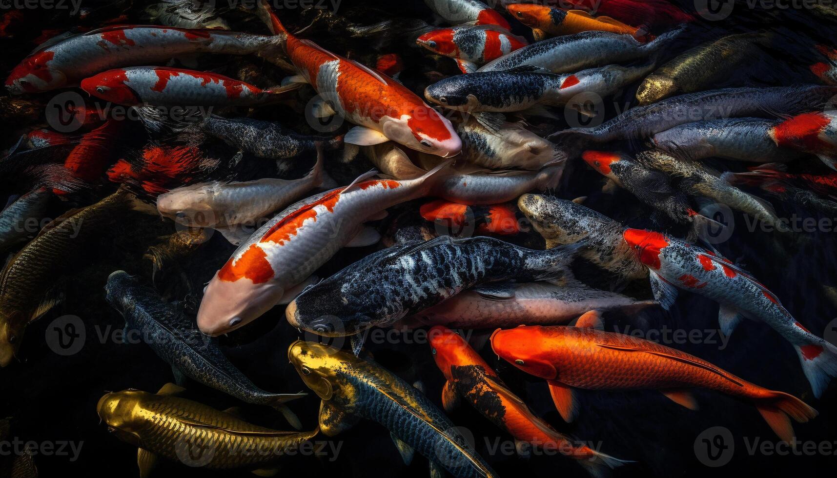 Multi colored koi carp swimming in pond generated by AI photo