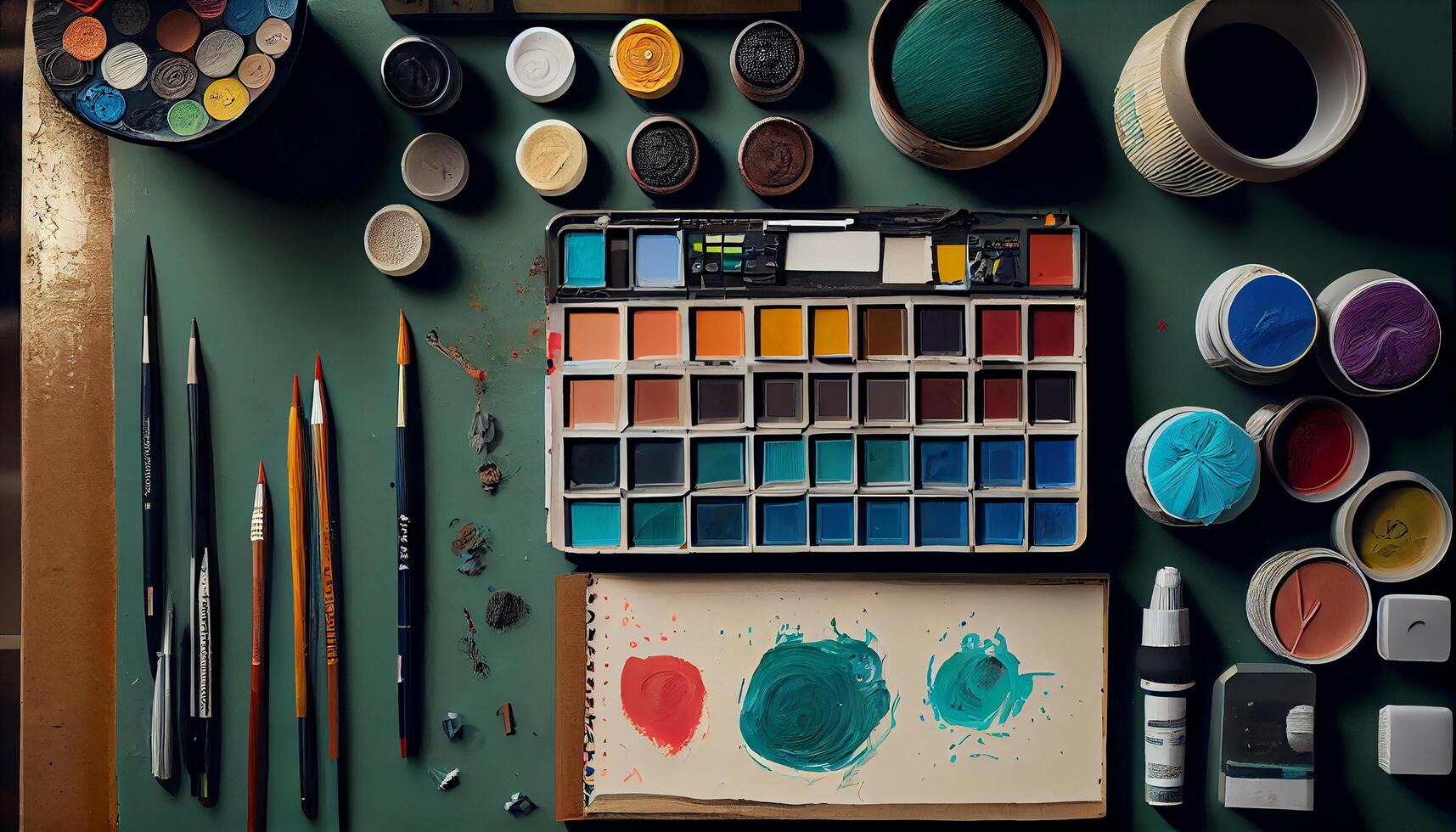 Colorful artist paintbrushes on a messy desk , photo