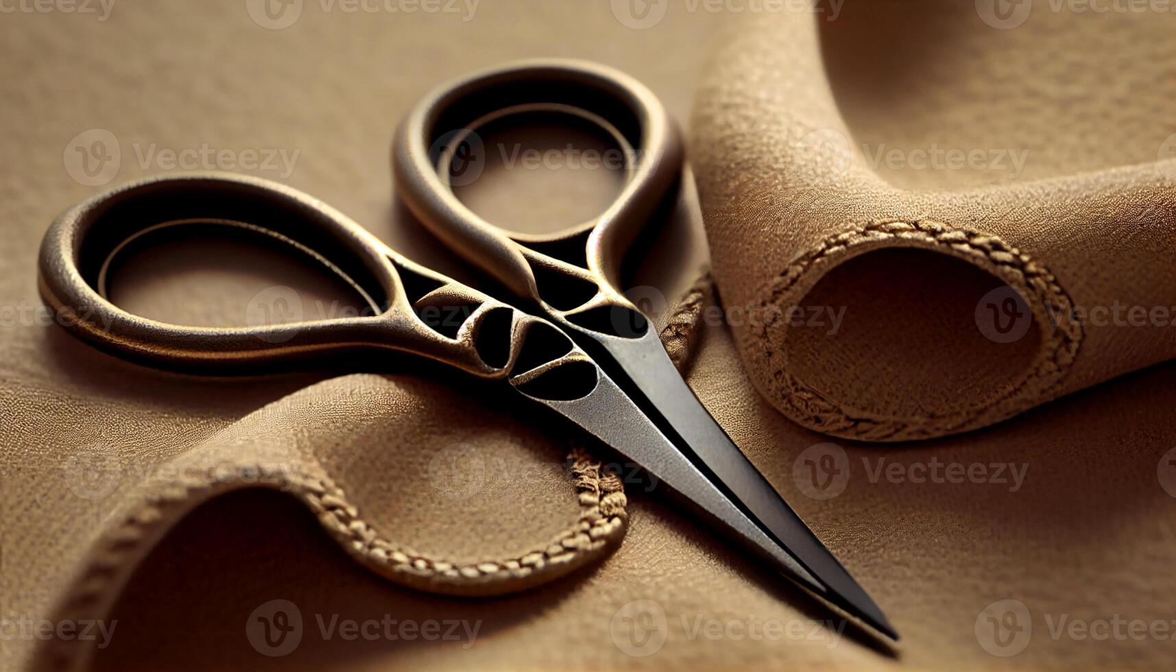 Sharp tailors scissors on metallic spool of thread generated by AI photo