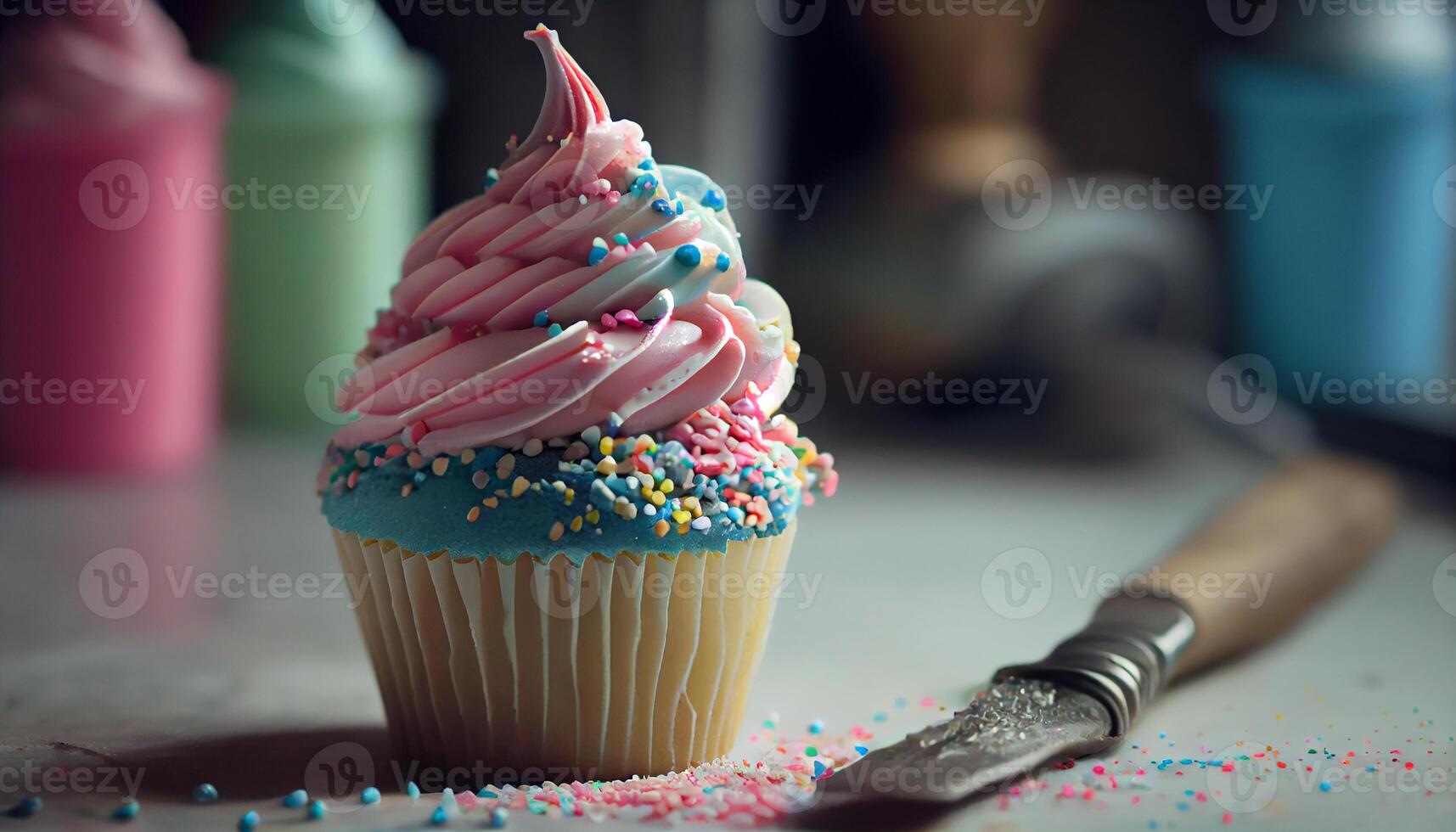 Multi colored cupcake with gourmet icing on wood material generated by AI photo